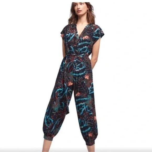 Anthropologie Black and Blue Floral Jumpsuit - Picture 1 of 11